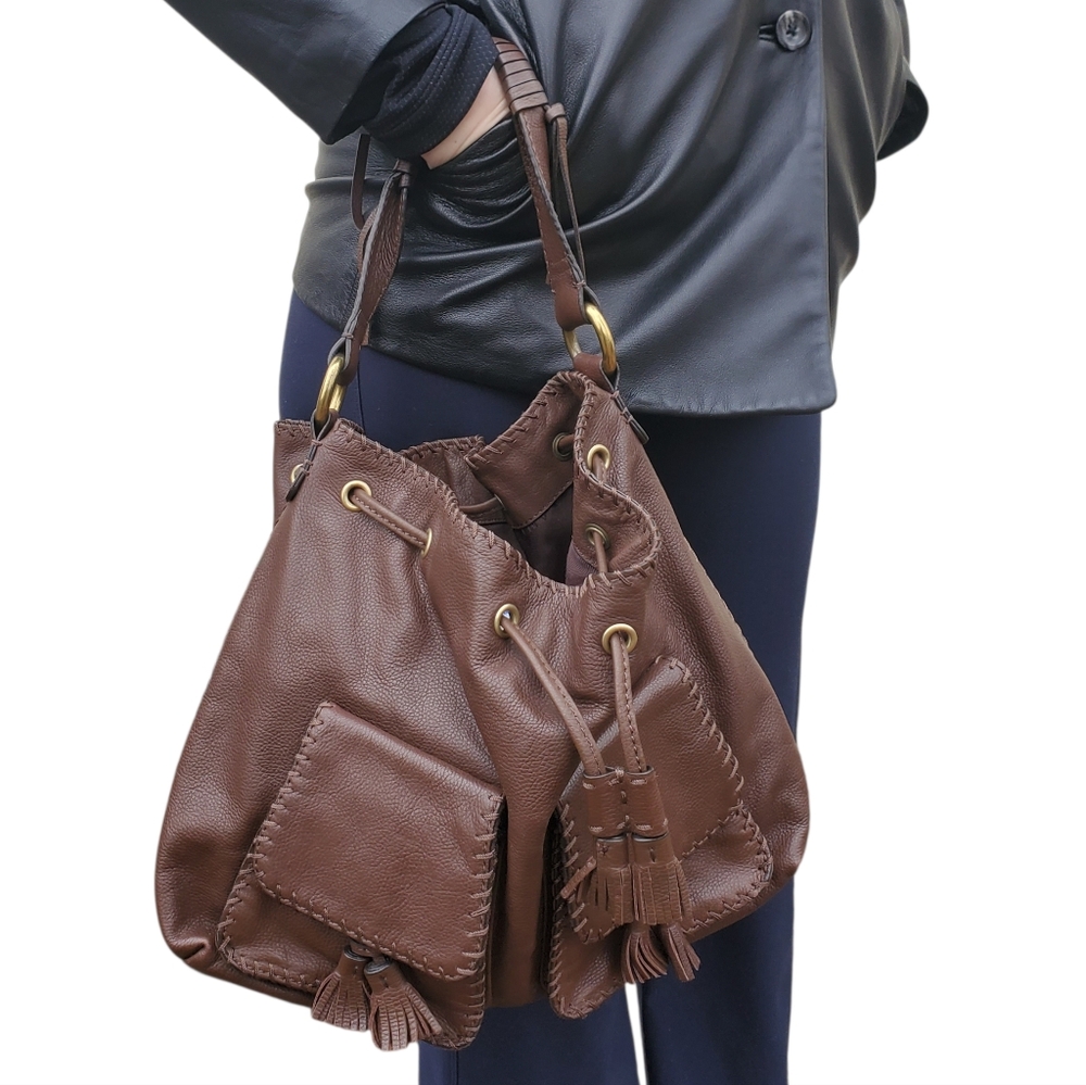 Antonio Melani Saddle Brown Leather Women's Bucket Bag, Vintage Lux Y2K Hobo Bag